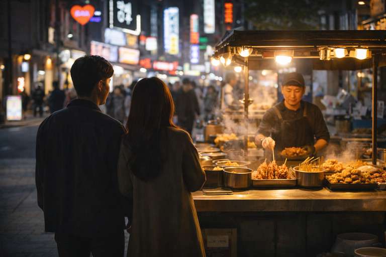 천안 밤거리에서 심야 먹거리를 즐기는 실제 거리 풍경