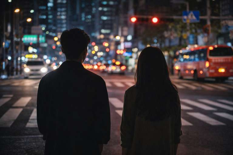 천안 밤거리에서 함께 이동하는 사람들의 실루엣 모습