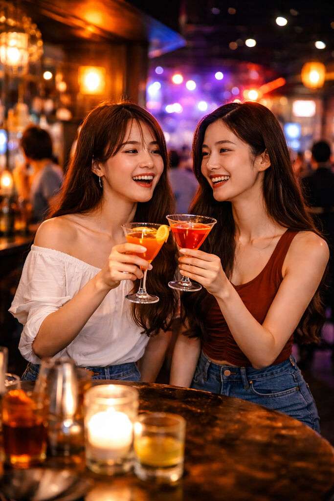 신부동 밤거리에서 안전하게 이동하는 한국 여성들의 모습