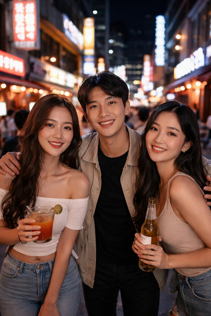 천안 밤거리에서 한국인 남녀 친구들이 웃으며 술을 즐기는 실제 야간 라이프 스타일 장면