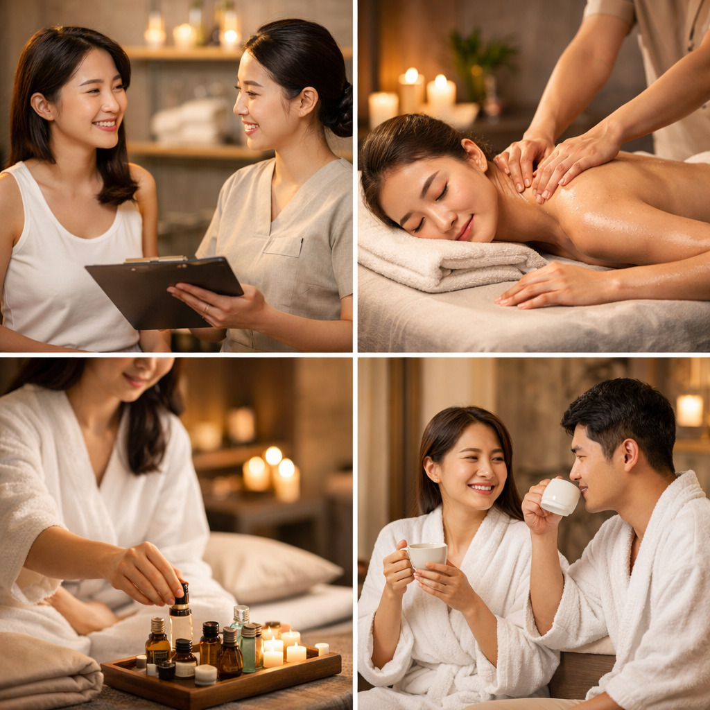 천안 지역에서 스웨디시 마사지를 받는 한국인 모델이 편안한 분위기의 프라이빗 마사지 공간에서 오일 관리로 힐링을 경험하는 모습